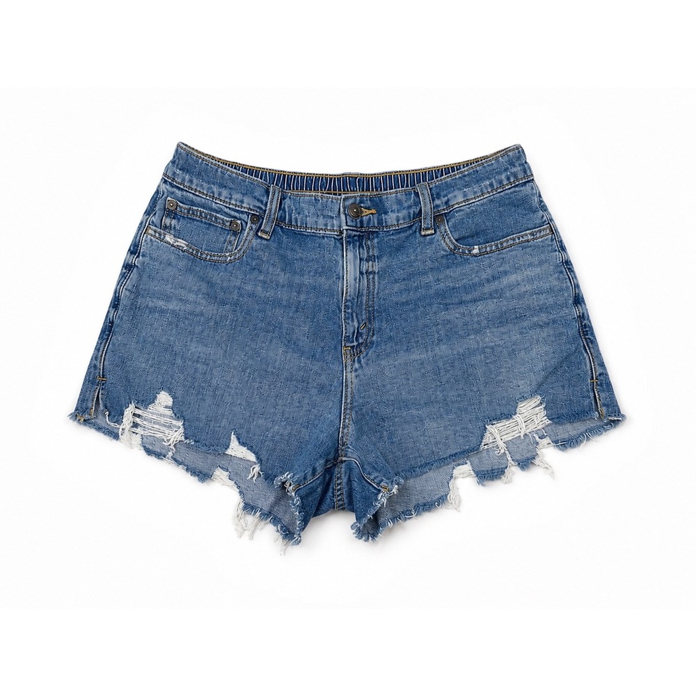 Aerie Womens Distressed High Waisted Denim Shorts Medium Wash Blue Size L